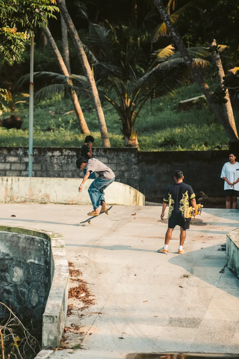 A skater popping an ollie in a concrete skate area ringed by palms while others watch