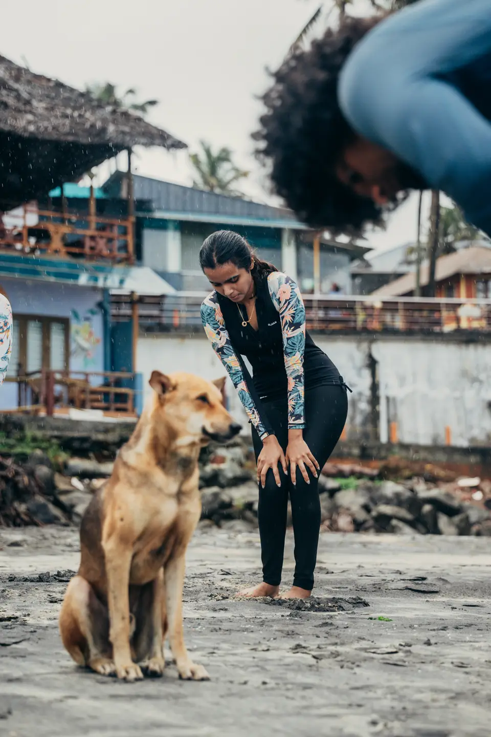 A tan dog sitting on the sand during a surf lesson, a woman in a floral-sleeved rash guard behind