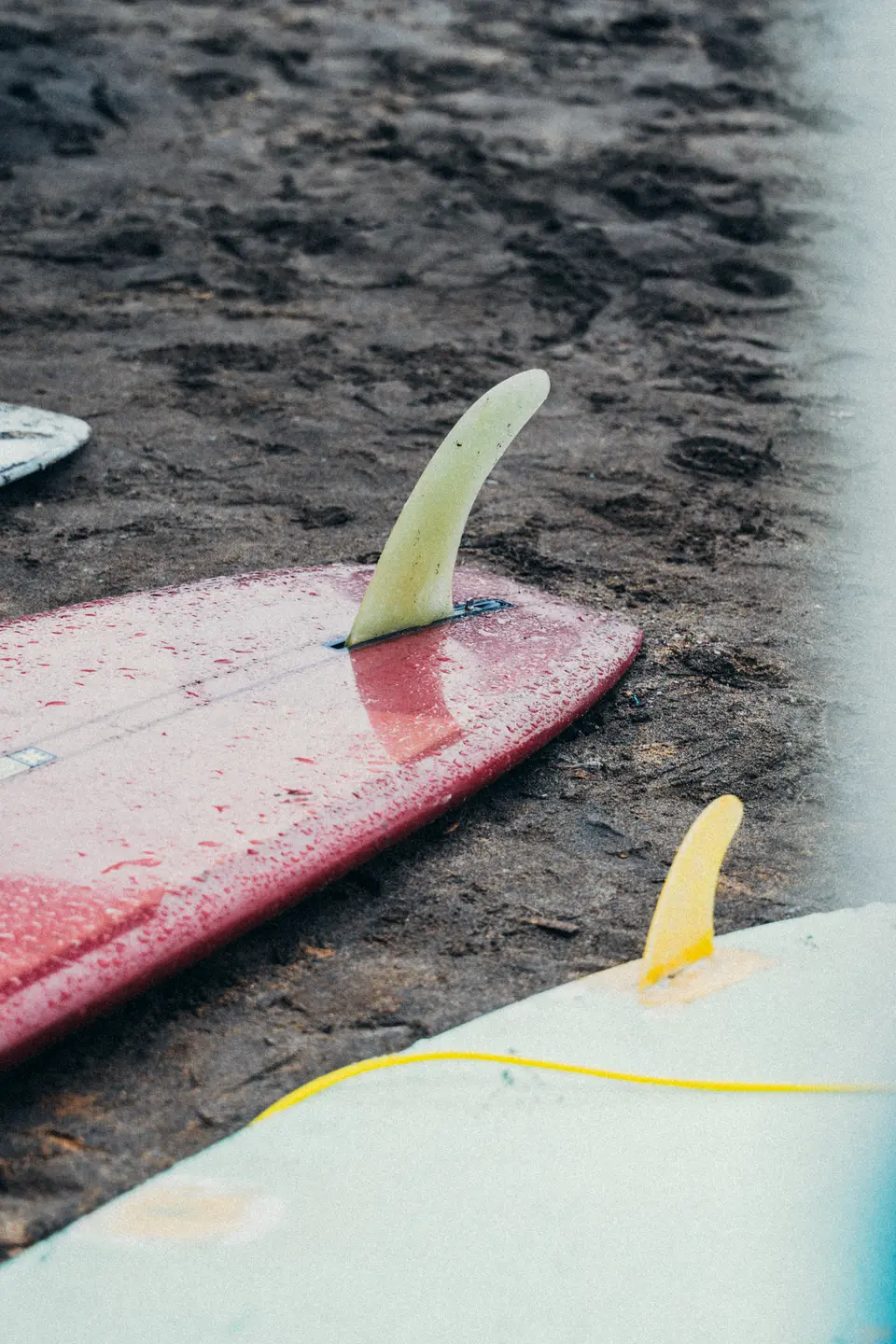 Fins up on the sand, boards resting between sets